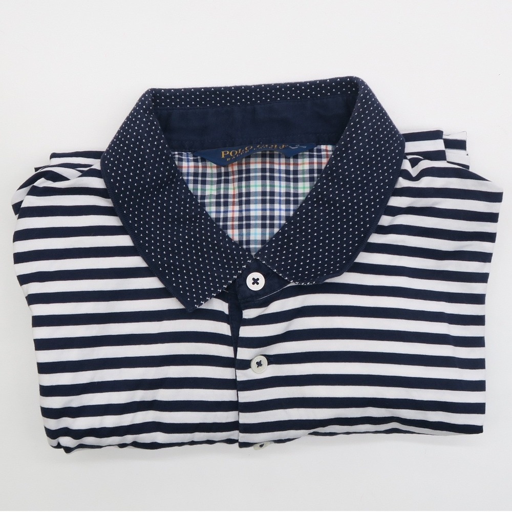 Polo Golf Ralph Lauren Men Large Navy White Striped Cotton Polo Shirt Dot Collar